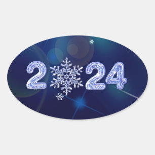 Gelukkig Nieuwjaar 2024. IJsnummers en sneeuwvlok Ovale Sticker