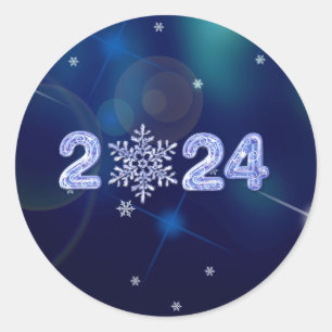 Gelukkig Nieuwjaar 2024. IJsnummers en sneeuwvlok Ronde Sticker