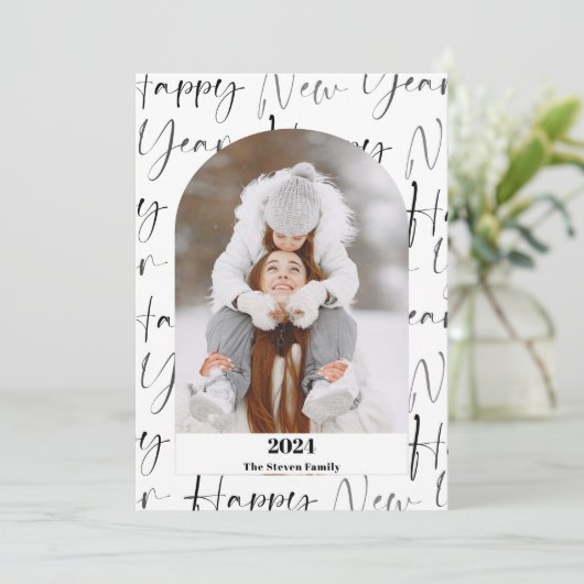 Gelukkig Nieuwjaar 2024 vet script 4 foto's zwart Feestdagenkaart (Staand voorkant)