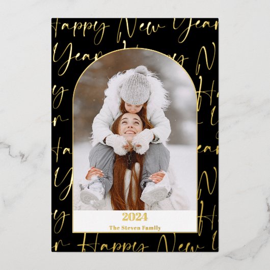 Gelukkig Nieuwjaar 2024 vet script 4 foto's zwart Folie Feestdagenkaart (Voorkant)