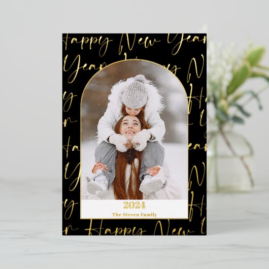 Gelukkig Nieuwjaar 2024 vet script 4 foto's zwart Folie Feestdagenkaart (Staand Voorkant)