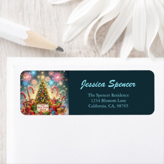 Gelukkig Nieuwjaar 2024 Vuurwerk Kerstboom Etiket (Insitu)