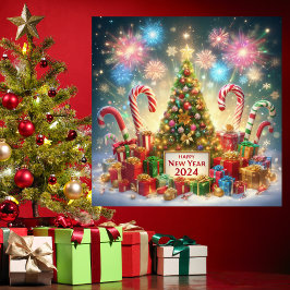 Gelukkig Nieuwjaar 2024 Vuurwerk Kerstboom Rood Feestdagenkaart