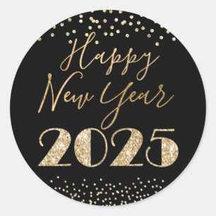 Gelukkig Nieuwjaar 2025 Black & Gold Glitter Diamo Ronde Sticker