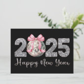 Gelukkig Nieuwjaar 2025 Disco Bal Roze Lint Feestdagenkaart (Staand voorkant)
