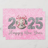 Gelukkig Nieuwjaar 2025 Disco Bal Roze Strik Feestdagenkaart (Voorkant / Achterkant)