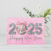 Gelukkig Nieuwjaar 2025 Disco Bal Roze Strik Feestdagenkaart (Staand voorkant)