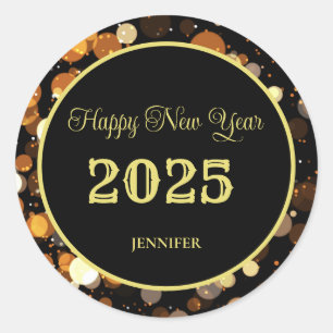 Gelukkig Nieuwjaar 2025 Elegante Gouden Bubbel Ronde Sticker