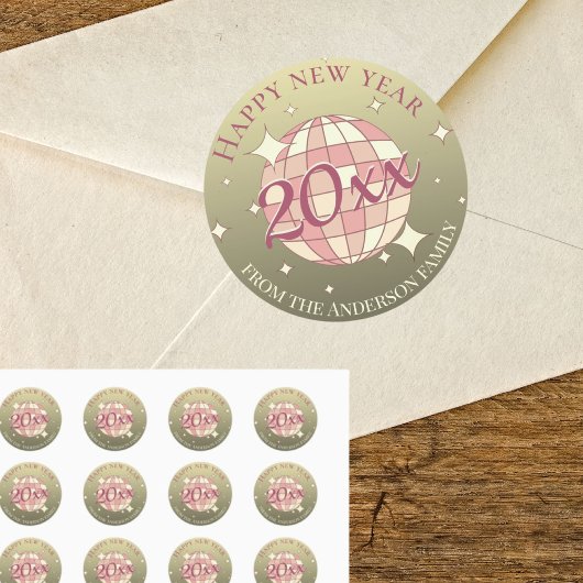 Gelukkig nieuwjaar 2025 goud roze ronde sticker