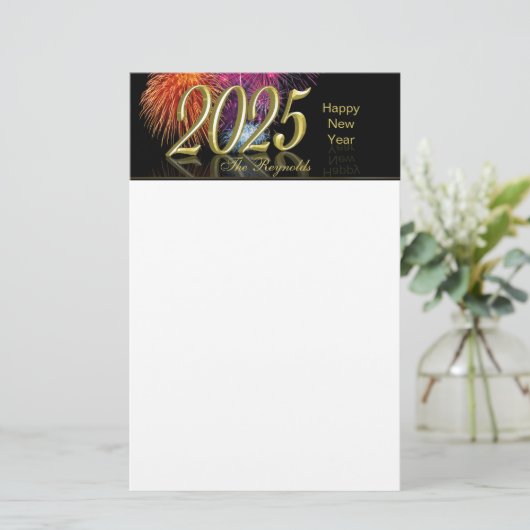 Gelukkig Nieuwjaar 2025 Goud Vuurwerk Briefpapier (Staand voorkant)