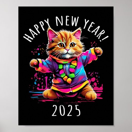 Gelukkig Nieuwjaar 2025 Party Dancing Cat Design Poster (Voorkant)