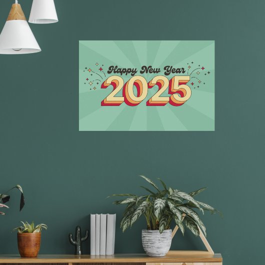 Gelukkig nieuwjaar 2025 retro 3d typografie ontwer poster (Woonkamer 1)