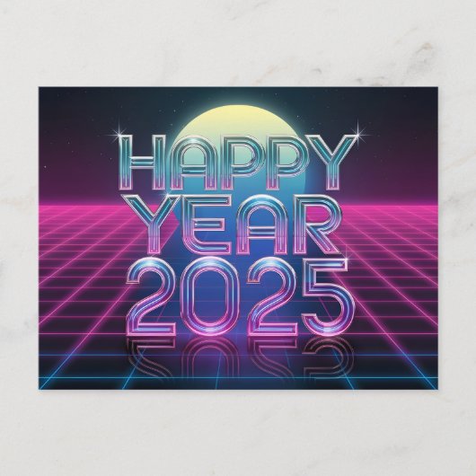 Gelukkig Nieuwjaar 2025 Retro-futuristisch Feestdagenkaart (Voorkant)