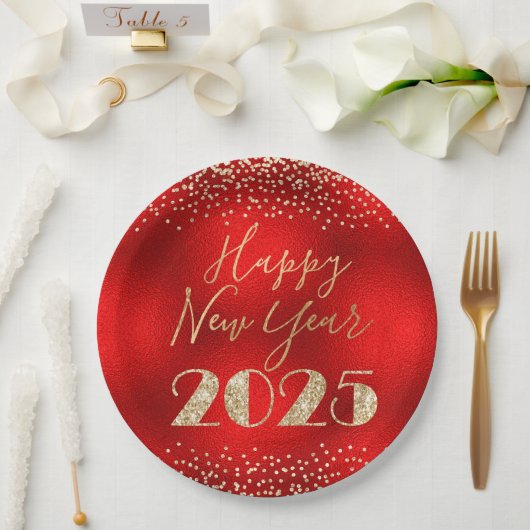 Gelukkig Nieuwjaar 2025 Rood en Goud Glitter Diama Papieren Bordje (Huwelijk)