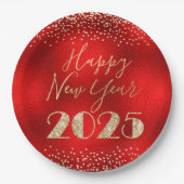 Gelukkig Nieuwjaar 2025 Rood en Goud Glitter Diama Papieren Bordje (Voorkant)