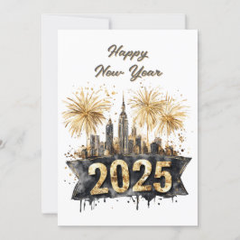 Gelukkig Nieuwjaar 2025 Zwart en Goud, Vuurwerk, Feestdagenkaart