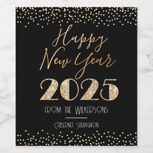 Gelukkig Nieuwjaar 2025 Zwart & Goud Custom Name Wijn Etiket (Enkel label)