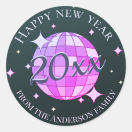Gelukkig nieuwjaar 2025 zwart paars roze ronde sticker