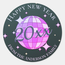 Gelukkig nieuwjaar 2025 zwart paarse roze ronde sticker