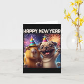 Gelukkig Nieuwjaar 2026 Capybara Pug Feest Kunst Kaart (Gele Bloem)