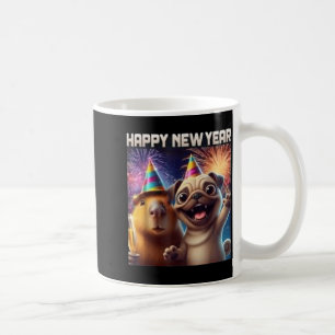 Gelukkig Nieuwjaar 2026 Capybara Pug Feest Kunst Koffiemok