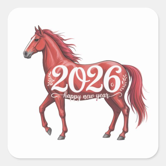 Gelukkig Nieuwjaar 2026 Chinees Rood Paard Vierkante Sticker (Voorkant)