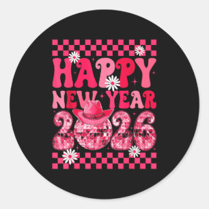 Gelukkig Nieuwjaar 2026 Cowgirl Cowboy Disco Bal M Ronde Sticker