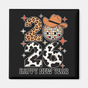 Gelukkig Nieuwjaar 2026 Cowgirl Disco Bal Western Magneet