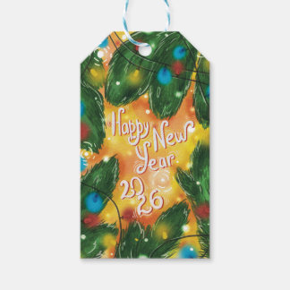 Gelukkig Nieuwjaar 2026 Dennen Takken & Lichtjes Cadeaulabel