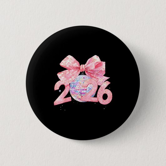 Gelukkig Nieuwjaar 2026 Disco Bal Nk Coquette Boog Ronde Button 5,7 Cm (Voorkant)