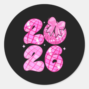 Gelukkig Nieuwjaar 2026 Disco Bal Nk Coquette Boog Ronde Sticker