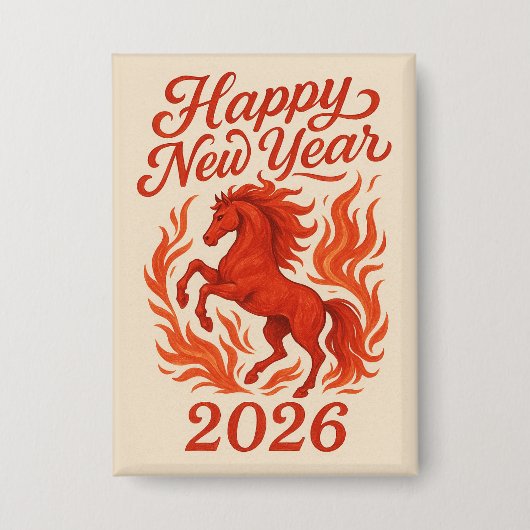 Gelukkig Nieuwjaar 2026 Fiery Horse Button (Voorkant)