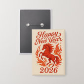 Gelukkig Nieuwjaar 2026 Fiery Horse Button (Voorkant / Achterkant)