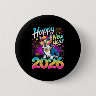 Gelukkig Nieuwjaar 2026 Franse Bulldog Vuurwerk Fe Ronde Button 5,7 Cm