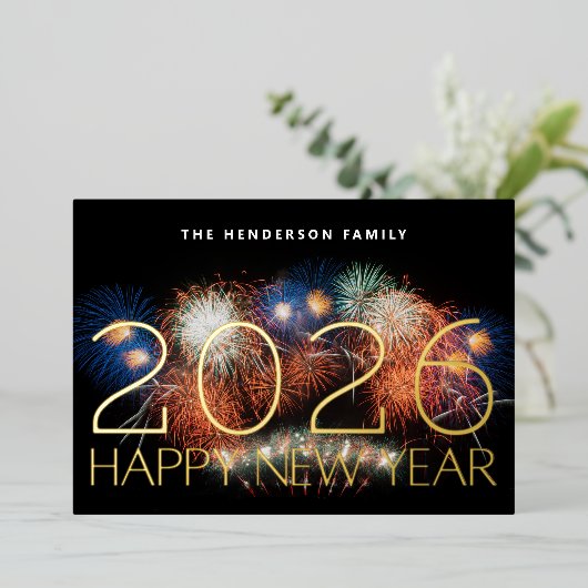 GELUKKIG NIEUWJAAR 2026 GOLD FIREWORKS FOTO TERUG FOLIE FEESTDAGENKAART (Staand Voorkant)