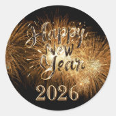 Gelukkig nieuwjaar 2026 gouden details vuurwerk li ronde sticker (Voorkant)