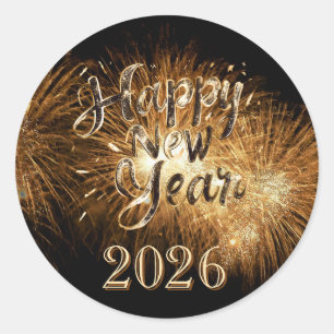Gelukkig nieuwjaar 2026 gouden details vuurwerk li ronde sticker