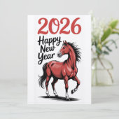 Gelukkig Nieuwjaar 2026 Kaart Red Horse Illustrati (Staand voorkant)