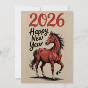 Gelukkig Nieuwjaar 2026 Kaart Red Horse Illustrati