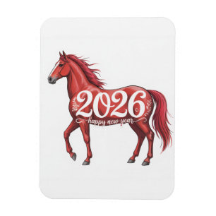Gelukkig Nieuwjaar 2026 Kaart Red Horse Illustrati Magneet