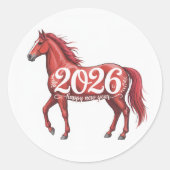 Gelukkig Nieuwjaar 2026 Kaart Red Horse Illustrati Ronde Sticker (Voorkant)
