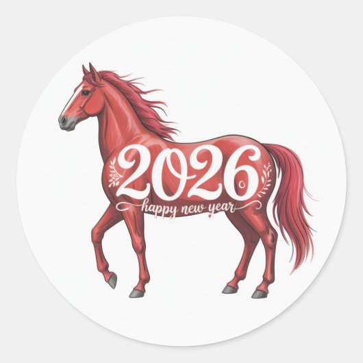 Gelukkig Nieuwjaar 2026 Kaart Red Horse Illustrati Ronde Sticker (Voorkant)