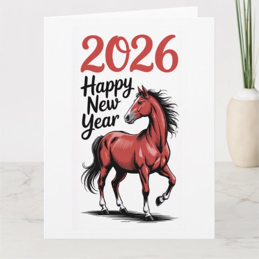 Gelukkig Nieuwjaar 2026 Kaart Rode Paard Illustrat (Voorkant)