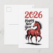 Gelukkig Nieuwjaar 2026 Kaart Rode Paard Illustrat (Voorkant / Achterkant)