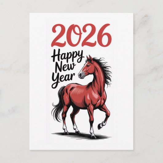 Gelukkig Nieuwjaar 2026 Kaart Rode Paard Illustrat (Voorkant)