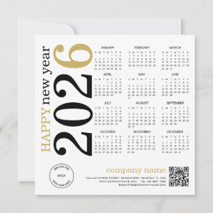 Gelukkig Nieuwjaar 2026 Kalender Logo QR Zwart Gou Feestdagenkaart