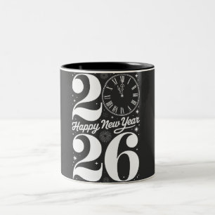 Gelukkig Nieuwjaar 2026 Middernacht Klok Countdown Tweekleurige Koffiemok
