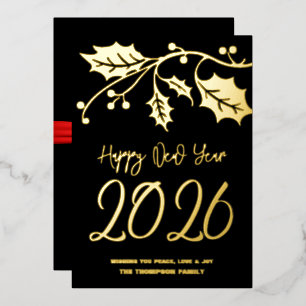 Gelukkig nieuwjaar 2026, rode lint folie feestdagenkaart