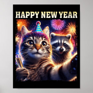 Gelukkig Nieuwjaar 2026 Schattige Kat Wasbeer Fees Poster