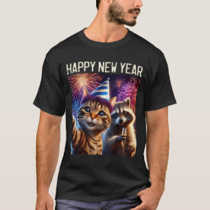 Gelukkig Nieuwjaar 2026 Schattige Kat Wasbeer Fees T-shirt